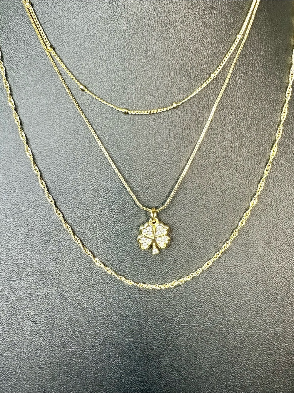 Gold Tone Layered Necklace Set 3 Piece Clover Crystal Adjustable